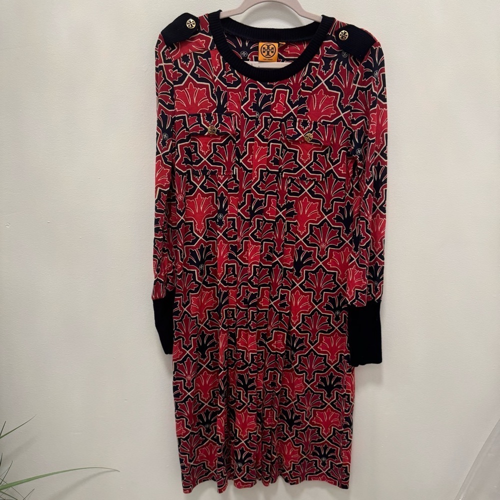 Tory Burch Long Sleeve Pleated Ribbed Dress Women’s Medium Red Navy
